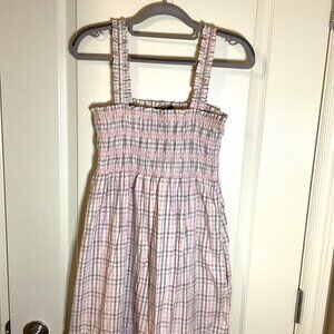 French Connection Women's Pink Grey Check Smocked Midi Sun Dress Size S Vacation